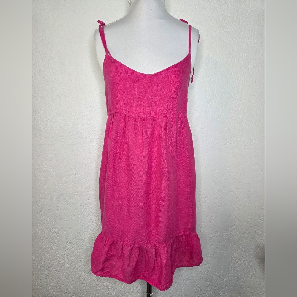 Zara Hot Pink, Tie Shoulder Strap Ruffle Mini Dress, Size Large 100% Linen